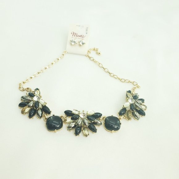 Mode Black Clear Gold Chain Jewelry Ensemble Statement Necklace With Earrings - Picture 6 of 11